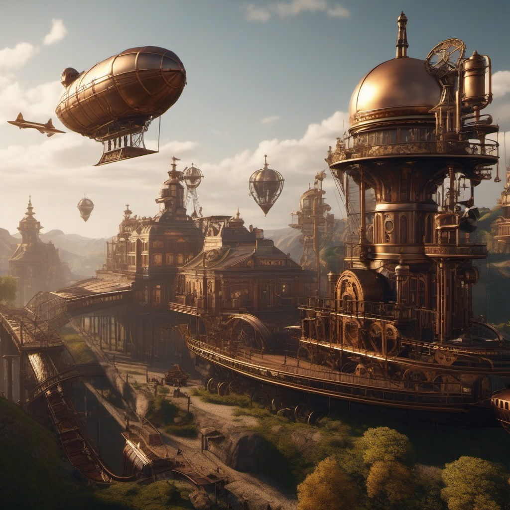 Steampunk Landscape - A steampunk-themed landscape with mechanical structures and airships  8k, hyper realistic, cinematic