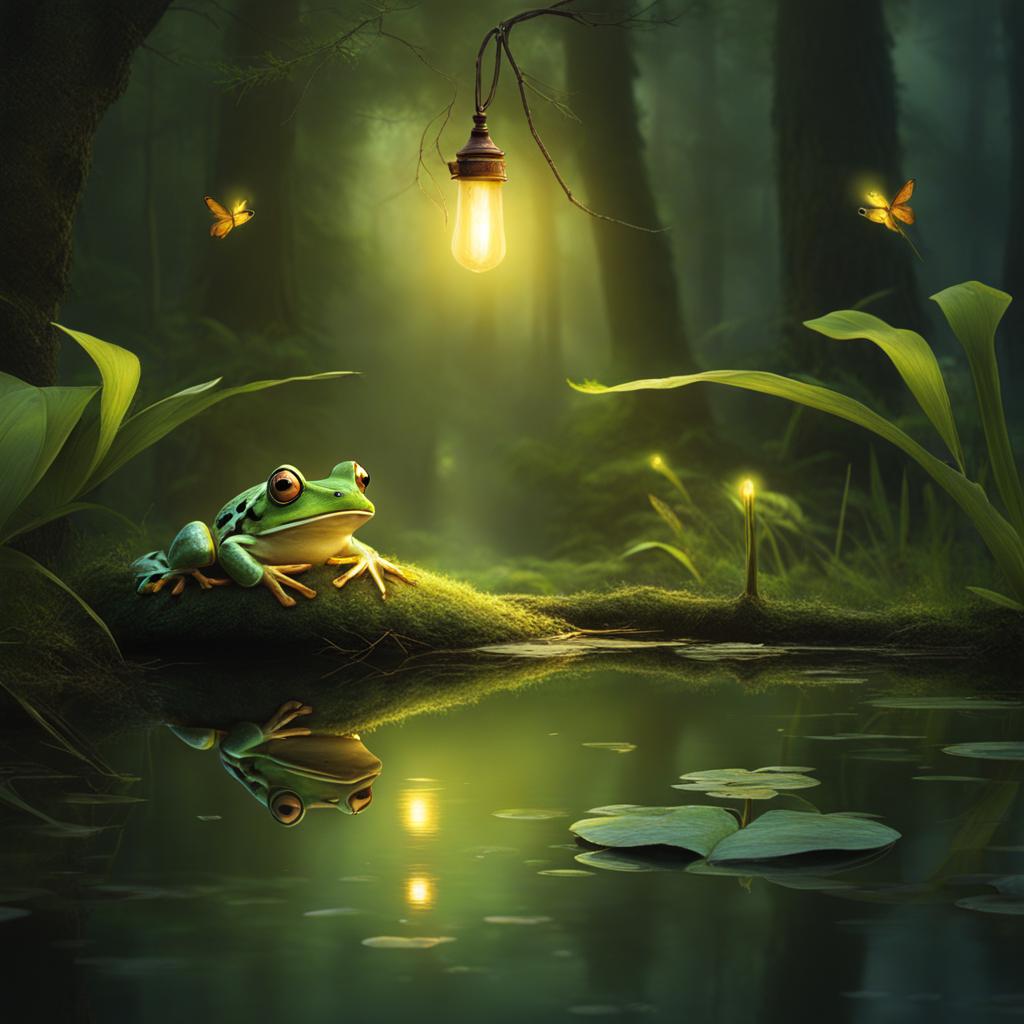 capture the essence of a mystical swamp with a magical frog conducting firefly symphonies. 