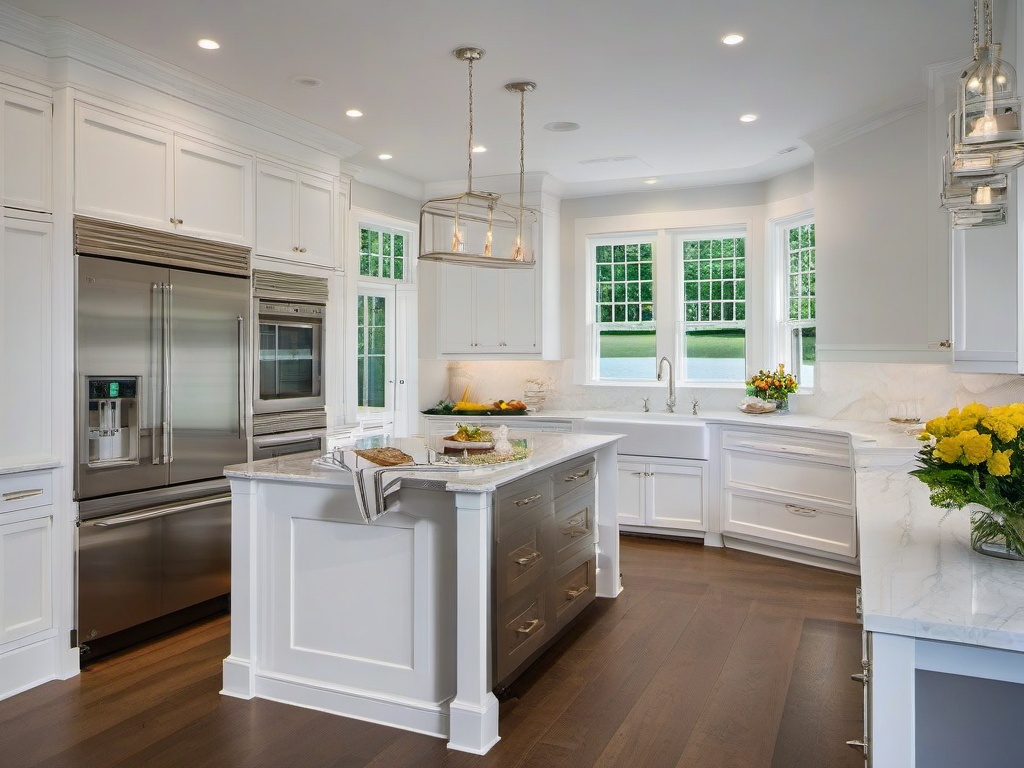 In the kitchen, Hampton interior design includes white cabinetry, a spacious island, and marine-inspired decor that create a fresh and inviting culinary space ideal for entertaining.  