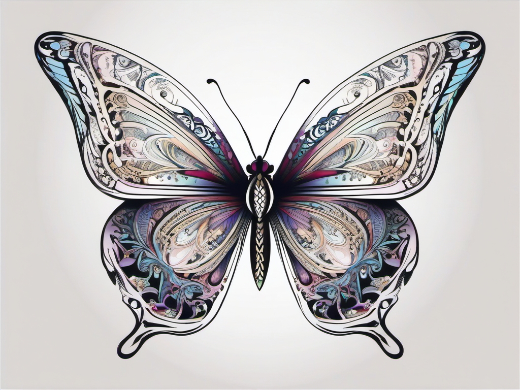 Butterfly with intricate patterns ink. Artistic metamorphosis.  color tattoo, white background