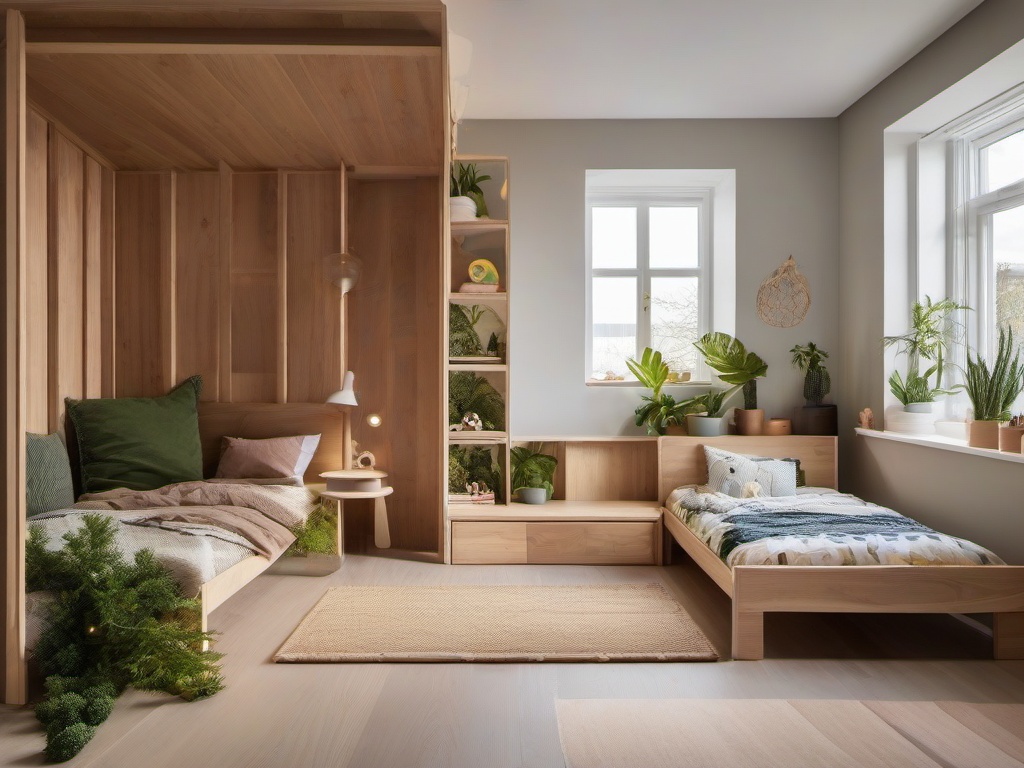 Biophilic interior design in the kids' room highlights natural wood beds, playful organic textiles, and indoor plants, fostering a fun and healthy environment for play and sleep.  