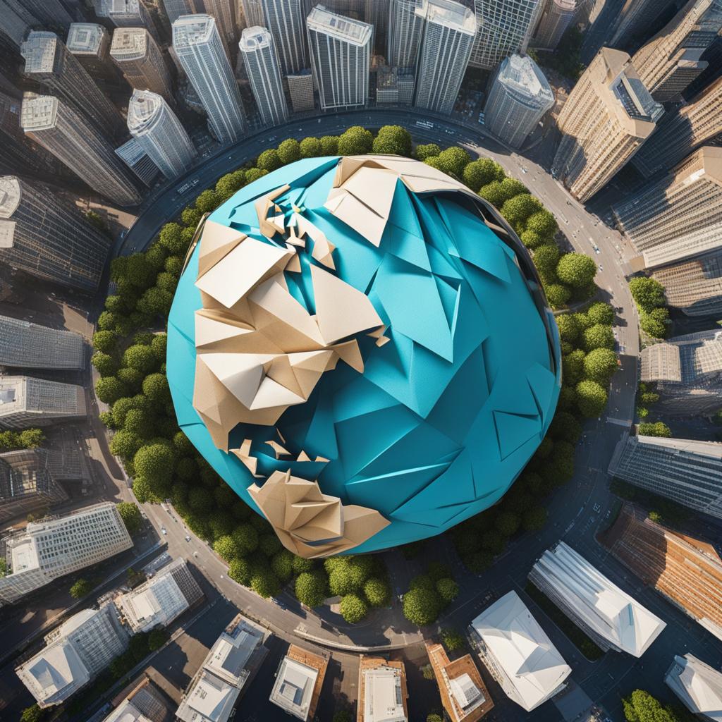 Origami!  satellite view of a bustling city with skyscrapers wrapped around a globe, Origami paper folds papercraft, made of paper, stationery, 8K resolution 64 megapixels, small details 