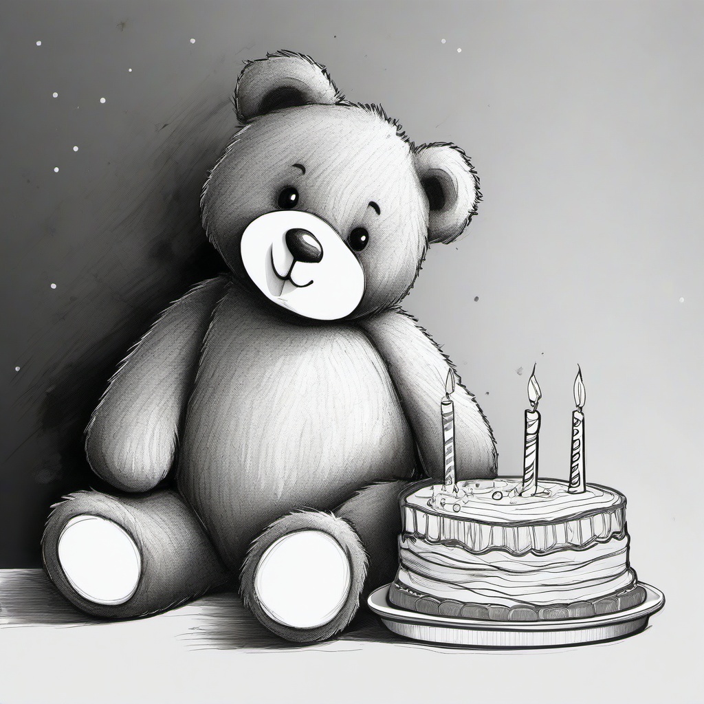 drawing of a teddy bear with a birthday cake  minimal rough sketch scribbles,doodles,black and white