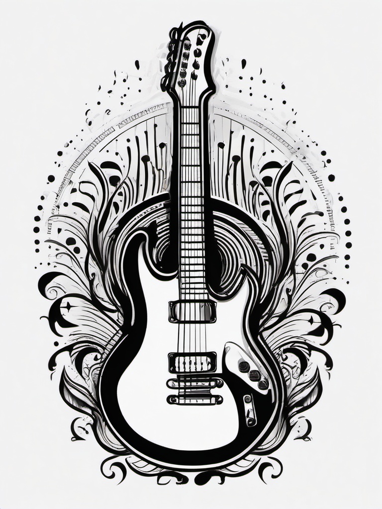 Guitar Tattoo - A rockin' guitar tattoo in the spotlight  few color tattoo design, simple line art, design clean white background