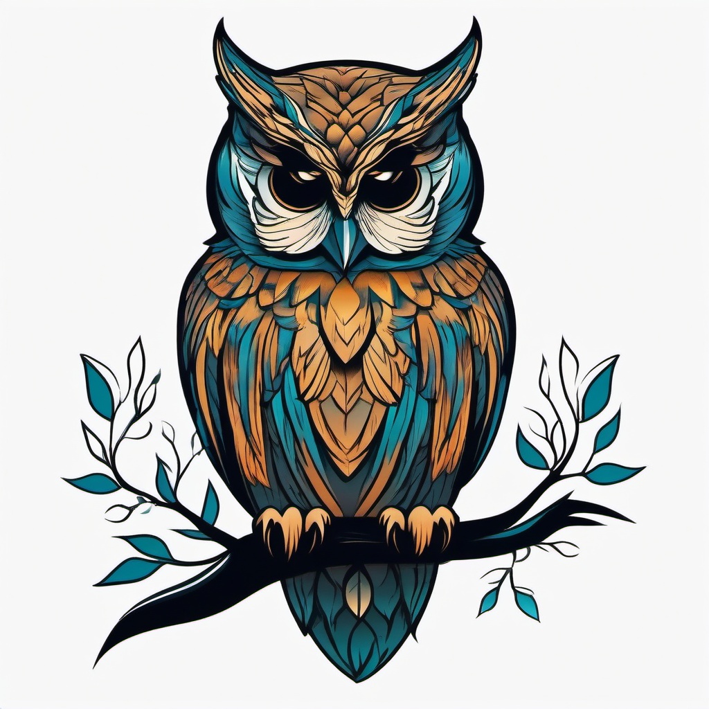 Tree and Owl Tattoo - Blend nature's beauty with an owl perched on a tree in a tattoo.  simple color tattoo,vector style,white background