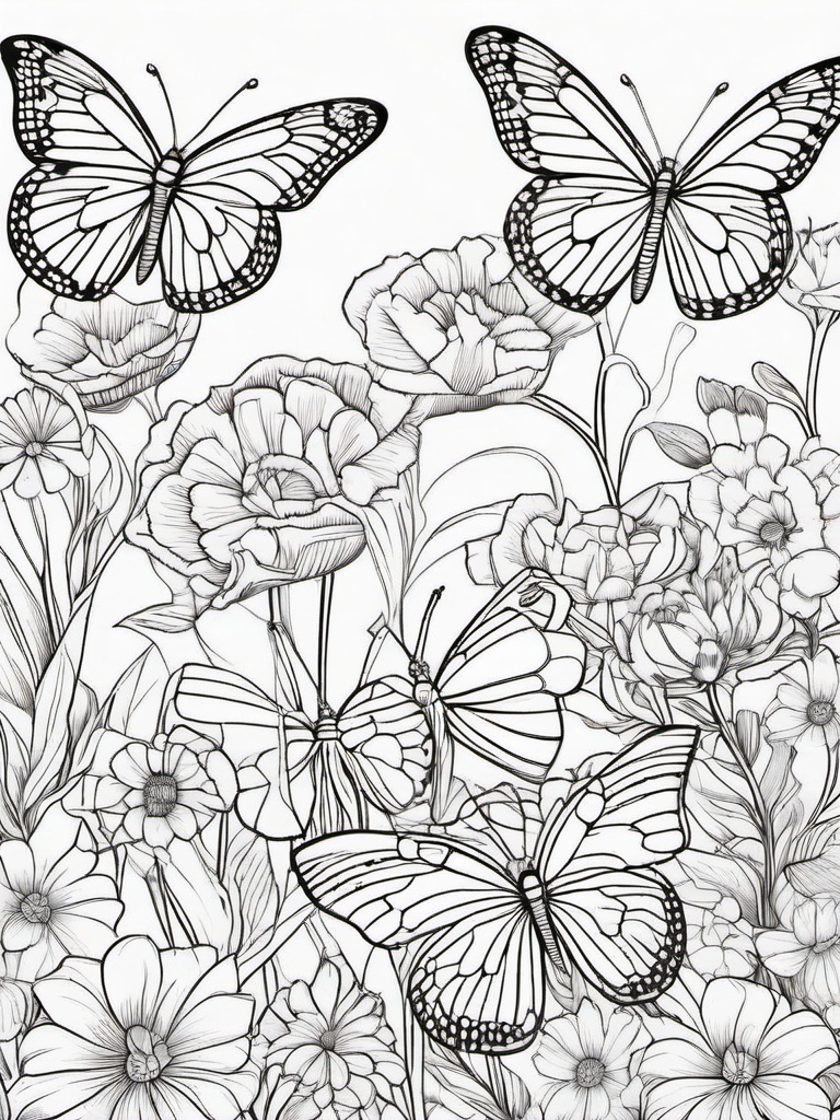 Butterflies and Flowers Coloring Pages - Lovely Butterflies in Blooming Garden  minimal black outline printable sheet, coloring page