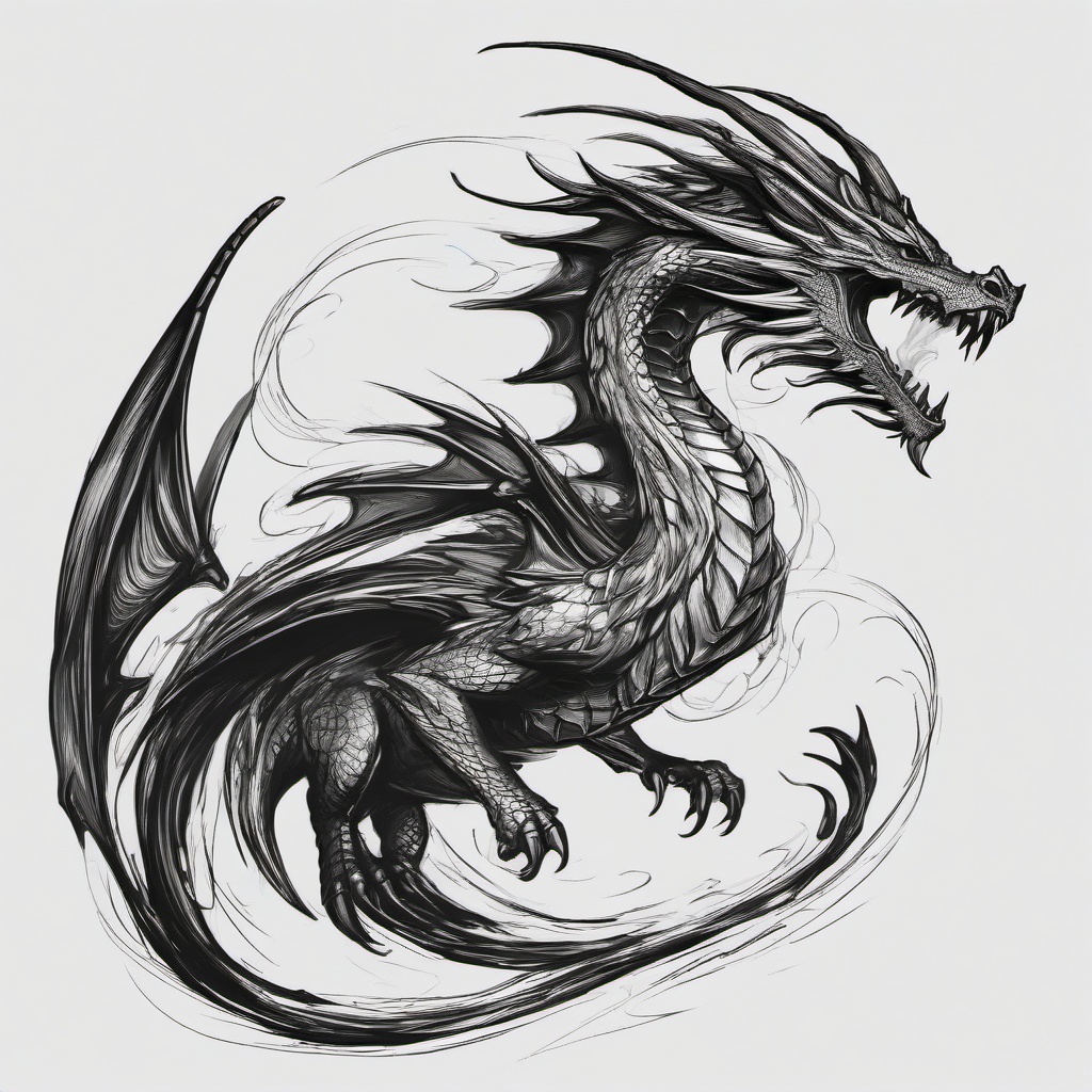 drawing of a fire dragon  minimal rough sketch scribbles,doodles,black and white