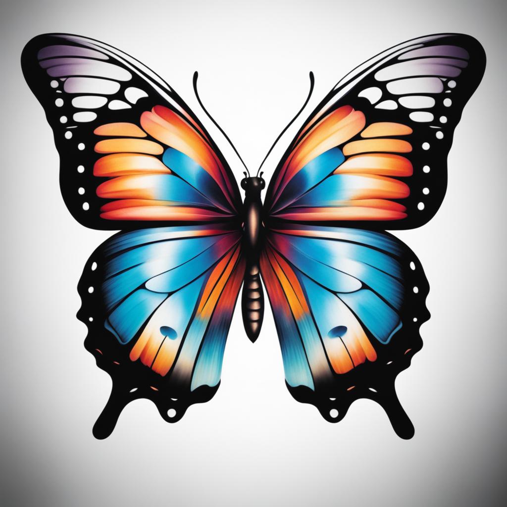 Butterfly tattoo half, Tattoos that showcase half of the beauty of butterflies.  viviid colors, white background, tattoo design