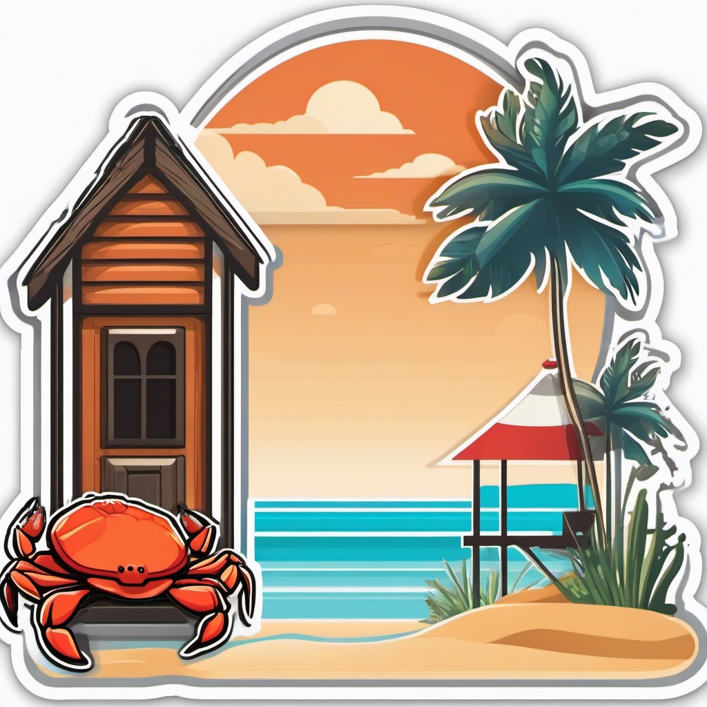 Beach Hut and Crab Emoji Sticker - Coastal creature exploration, , sticker vector art, minimalist design