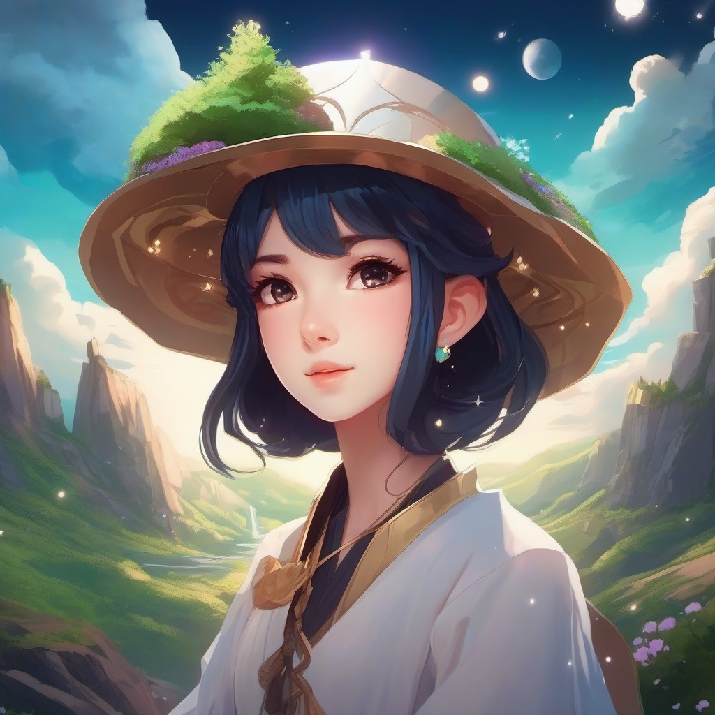 Sorcerer character in a realm of floating islands.  front facing ,centered portrait shot, cute anime color style, pfp, full face visible