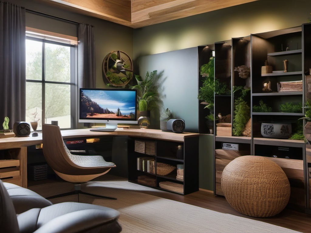 Organic Modern gamer room highlights natural materials, soothing colors, and simple designs for a calming environment that enhances focus during gaming.  