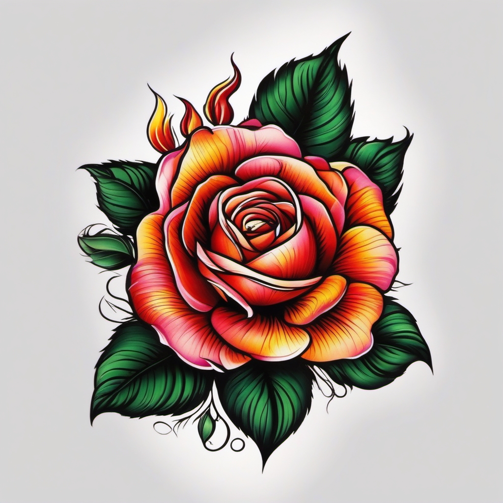 rose with fire tattoo  simple color tattoo,white background