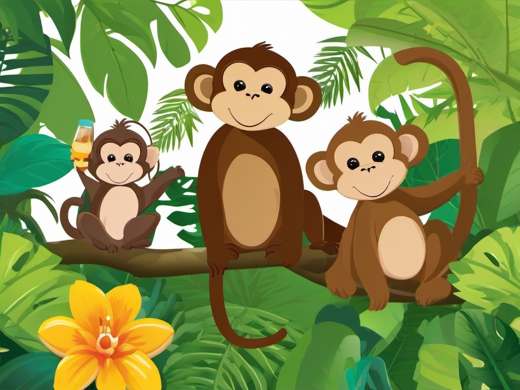 Monkey clipart - monkey with friends in a jungle  