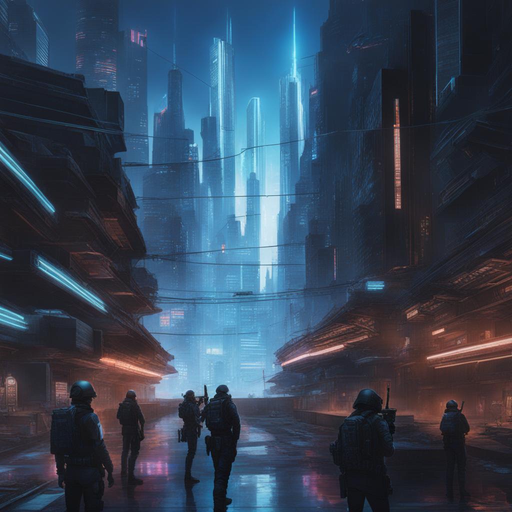 blue archive - engages in tactical warfare within a holographic, cyberpunk cityscape. 