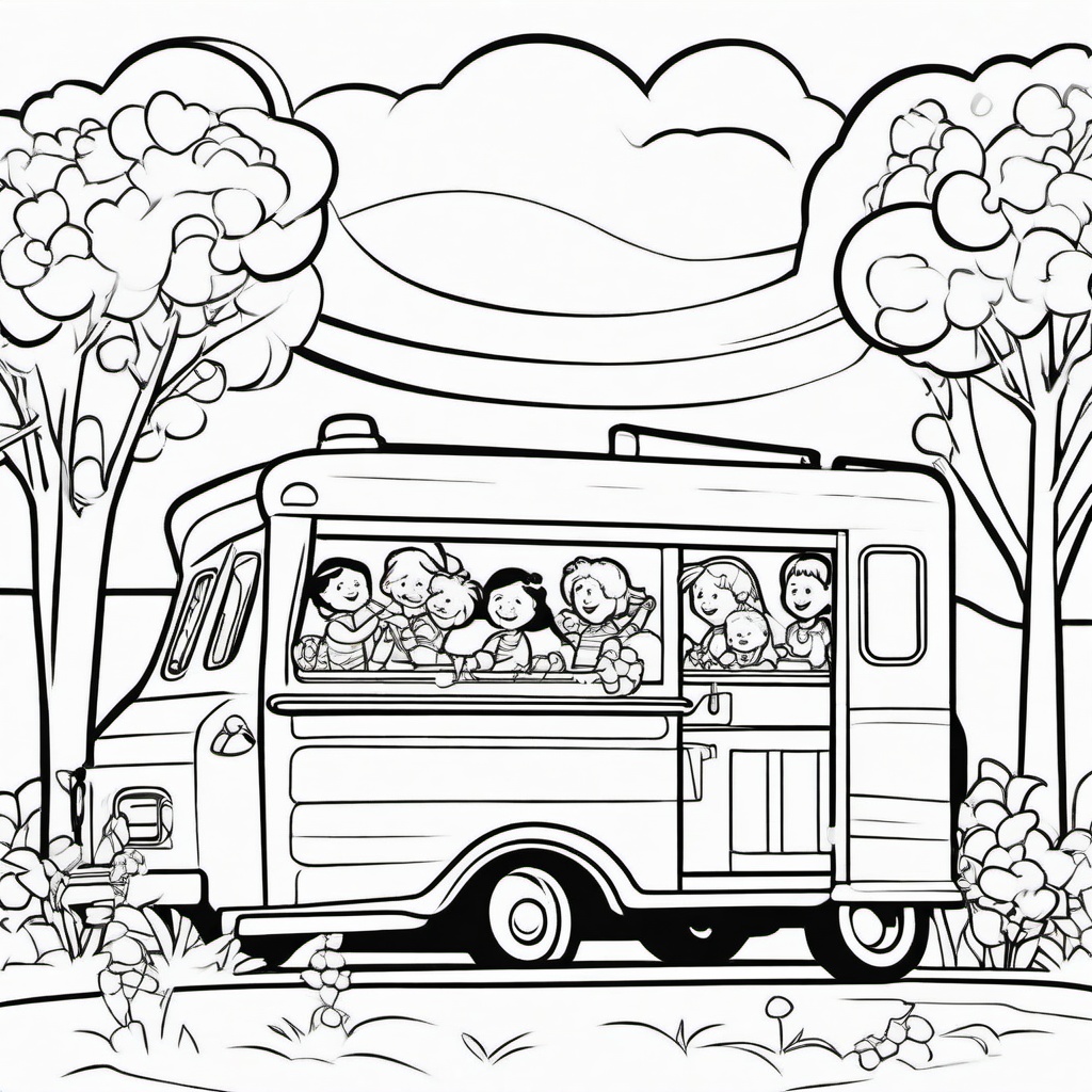 Ice cream truck with happy children around it  simple coloring pages