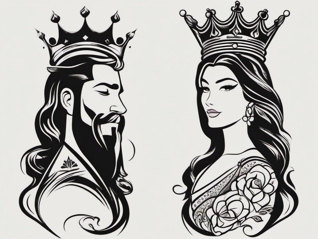 Couple King and Queen Tattoos - Symbolize your unique connection with regal couple tattoos.  minimalist color tattoo, vector