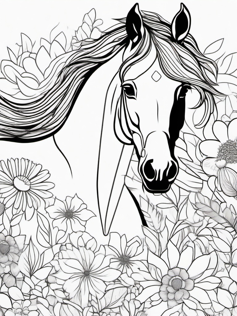 Horse in a Flower Field Coloring Pages - Horse Grazing in Colorful Flowers  minimal black outline printable sheet, coloring page