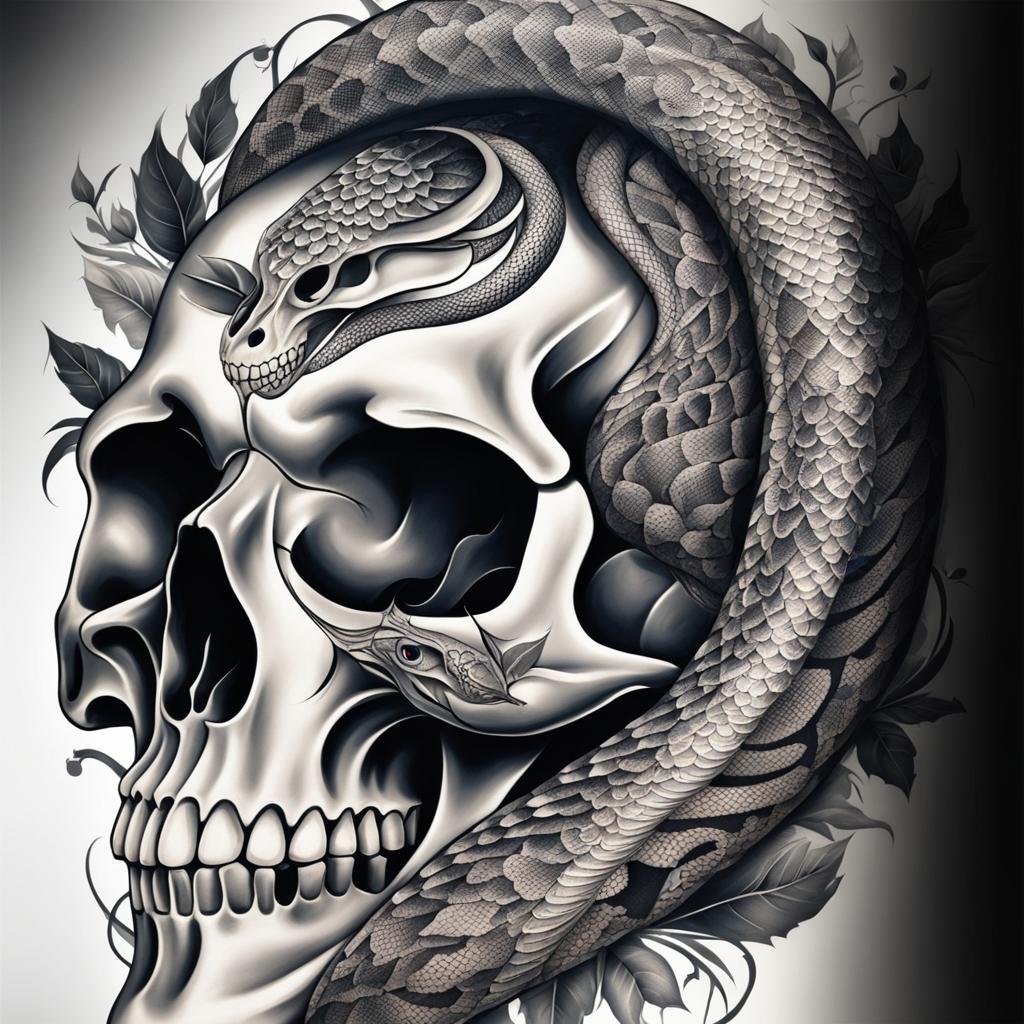 Skull and snake tattoo, Tattoos that combine snake imagery with skull motifs. colors, tattoo patterns, clean white background