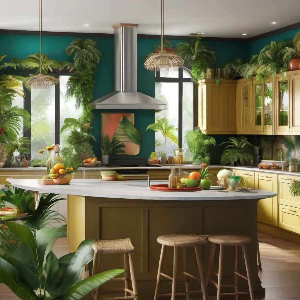 Tropical Island Paradise - Transform your kitchen into a tropical island-inspired space. , kitchen layout design ideas, multicoloured, photo realistic, hyper detail, high resolution,