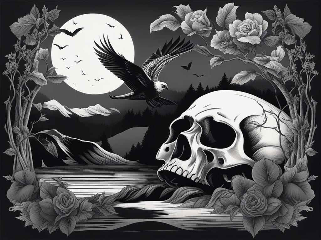 horror and macabre - create a tattoo with dark and macabre imagery, such as skulls, ravens, or eerie landscapes. 