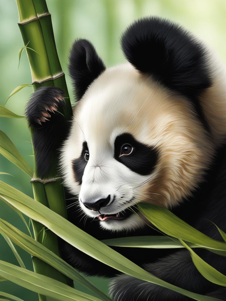 fluffy panda cub, munching contentedly on bamboo shoots. 