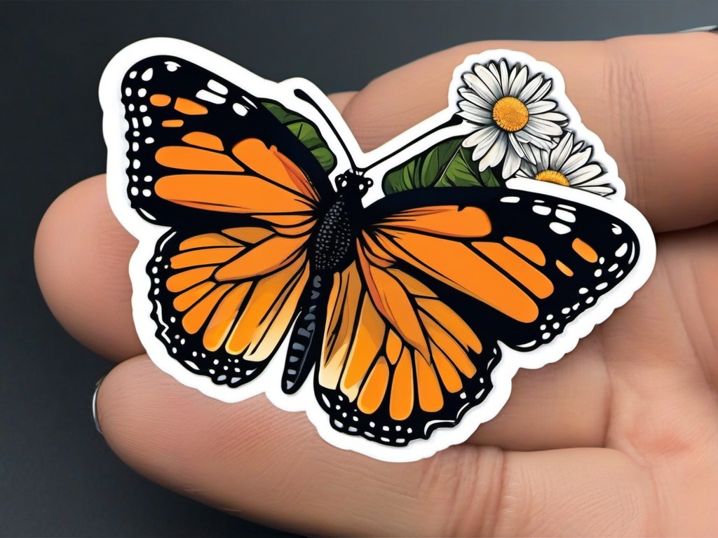 Butterfly and Daisies Sticker - Butterfly resting on daisies, ,vector color sticker art,minimal