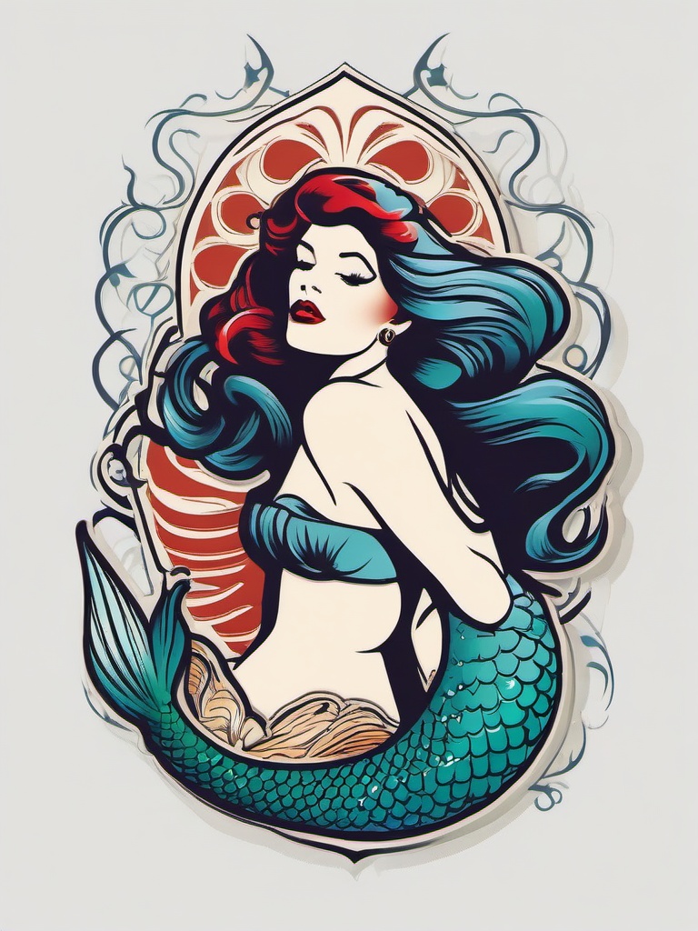 Traditional Pin Up Mermaid Tattoo - Infuse classic pin-up style with a traditional mermaid design in a captivating tattoo.  simple vector color tattoo,minimal,white background