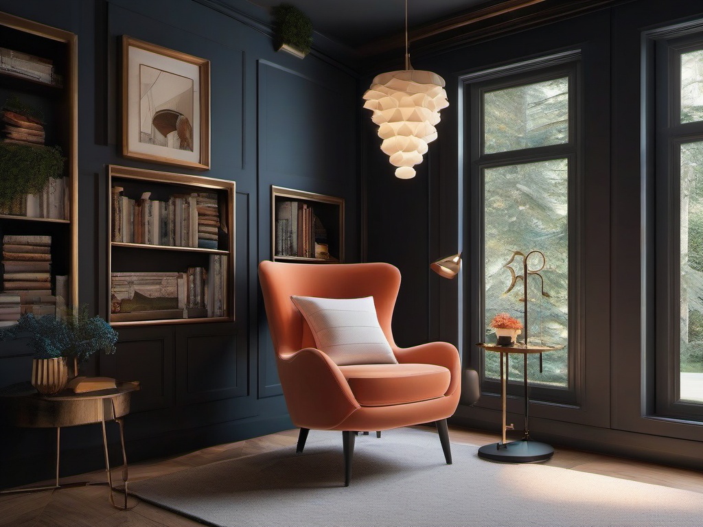 In the reading nook, surrealist interior design highlights a cozy armchair, playful decor, and dreamlike accents that create a perfect space for enjoying books and reflection.  