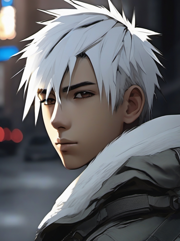 Boy with white spiked hair in a post-apocalyptic city.  close shot of face, face front facing, profile picture, anime style