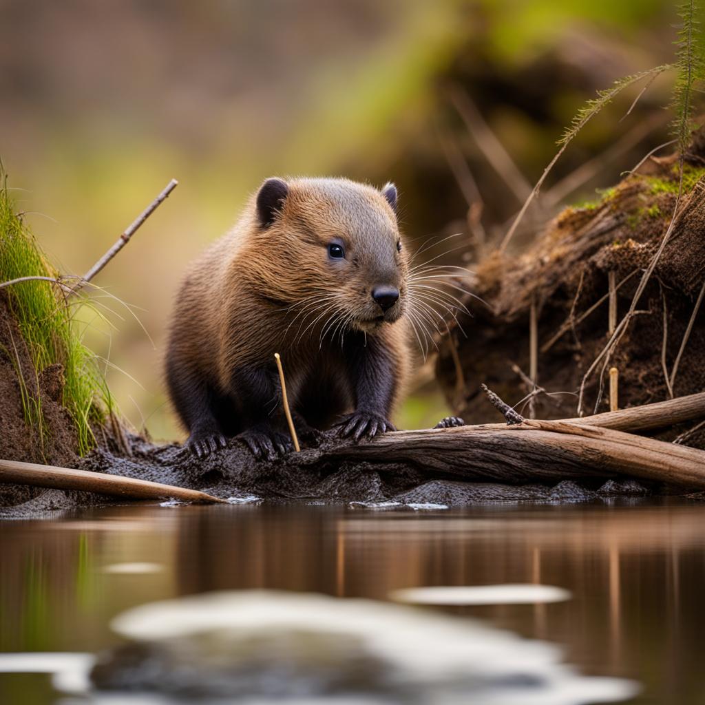 adorable baby beaver building a dam with sticks and mud. 