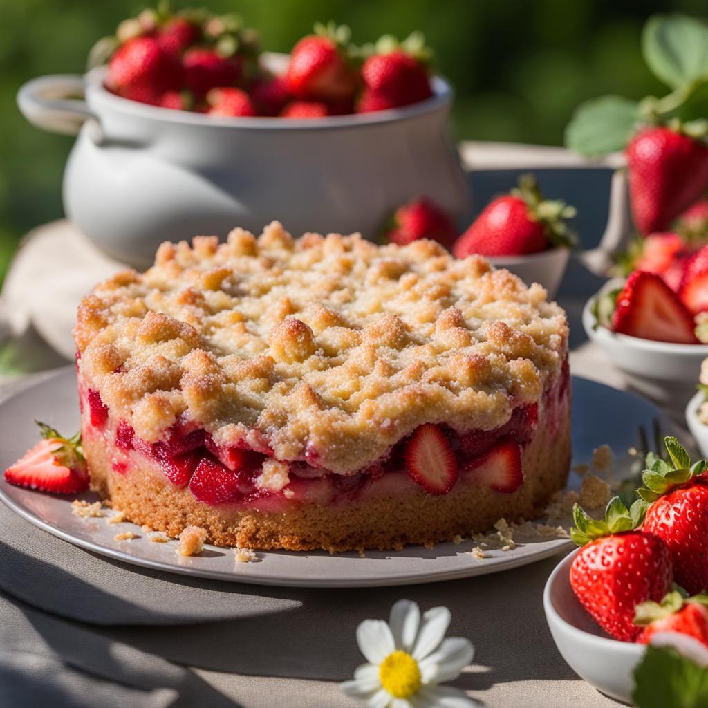 strawberry-rhubarb cake with a crumbly topping, devoured in a sunlit garden. 