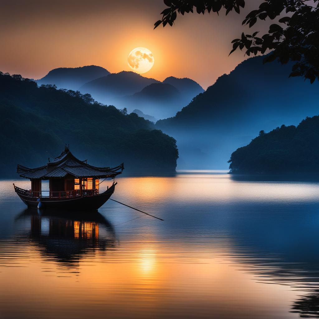 qiandao lake - capture the peaceful night on qiandao lake, where crystal-clear waters surround lush islands and traditional fishing villages under a starlit canopy. 