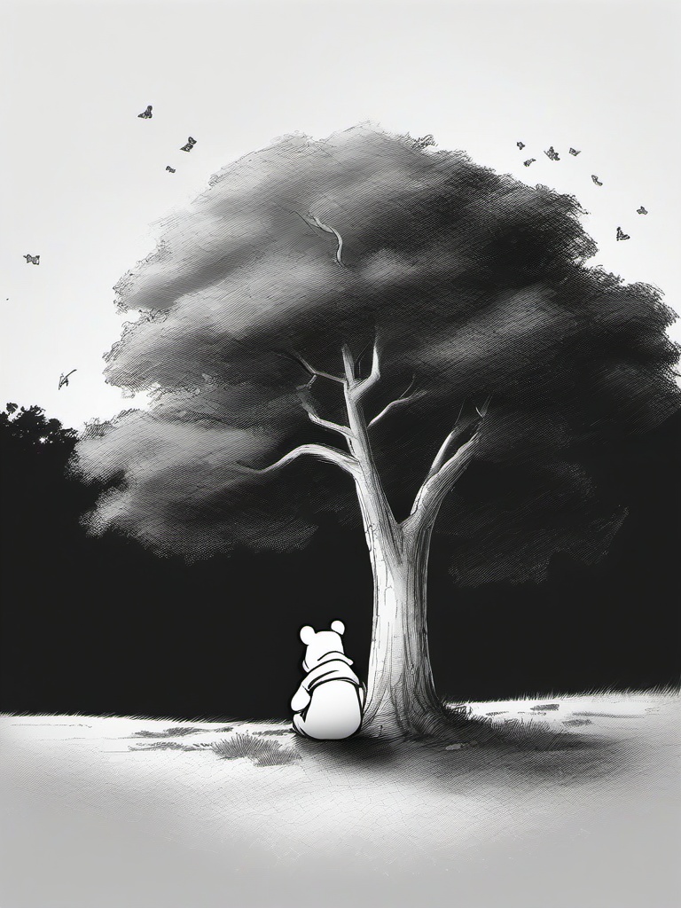 drawing of Winnie the Pooh sitting under a tree  minimal rough sketch scribbles,doodles,black and white