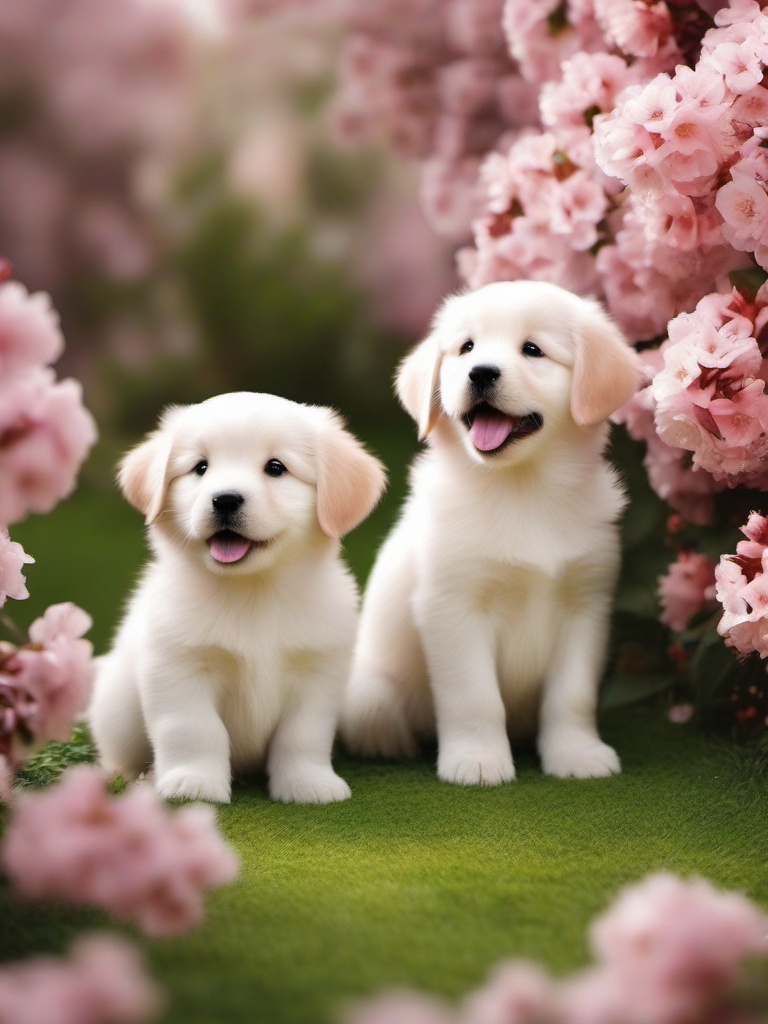 Cute Wallpaper PC - Adorable Puppies in a Blossom Garden  wallpaper style, intricate details, patterns, splash art, light colors