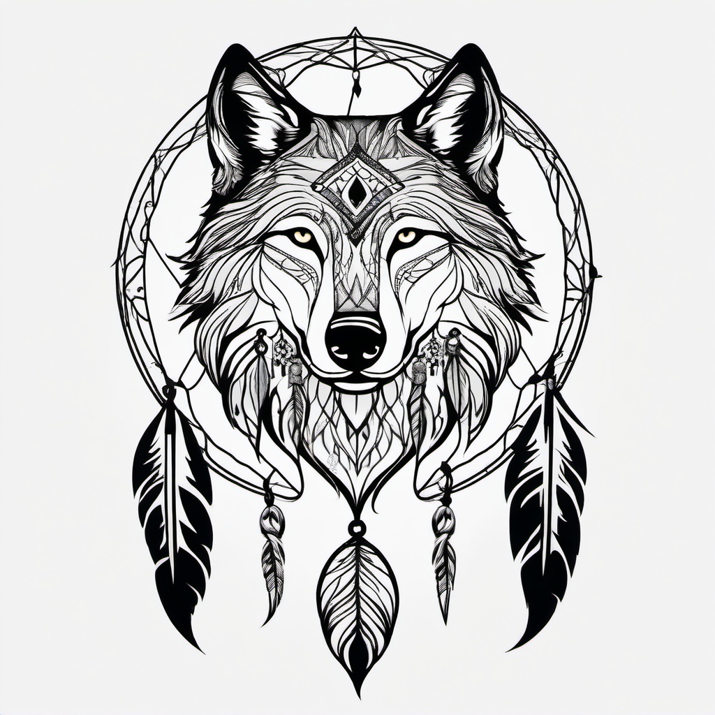 Dream Catcher with Wolf Tattoo - Tattoo combining a dream catcher with a wolf.  simple vector tattoo,minimalist,white background