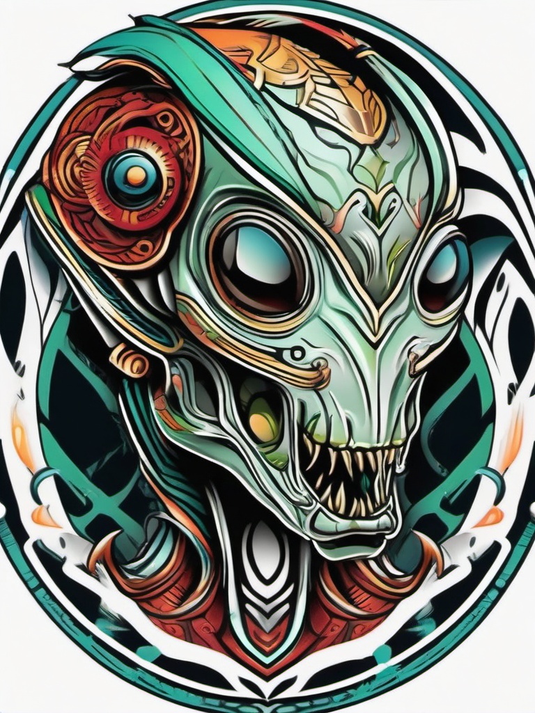 Neo Traditional Alien Tattoo - Merge traditional and contemporary styles in a neo-traditional alien-themed tattoo.  simple color tattoo,vector style,white background