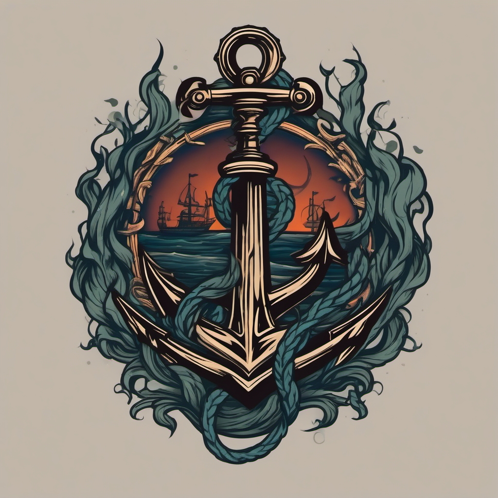 A haunted anchor holds, leaving a cursed anchor mark in the tattoo.  simple color tattoo style