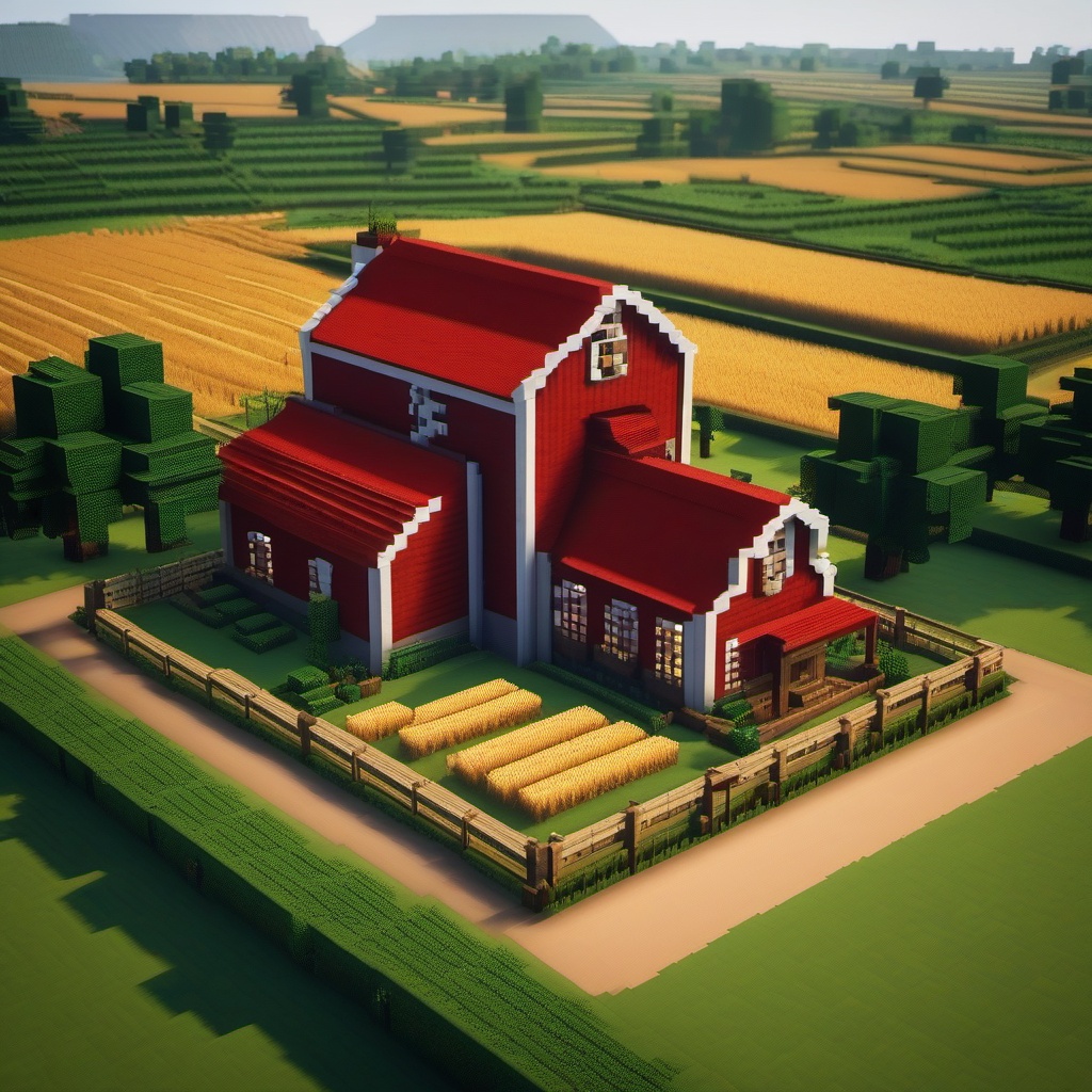 farmhouse with a spacious red barn and wheat fields - minecraft house design ideas minecraft block style draw in cubism style