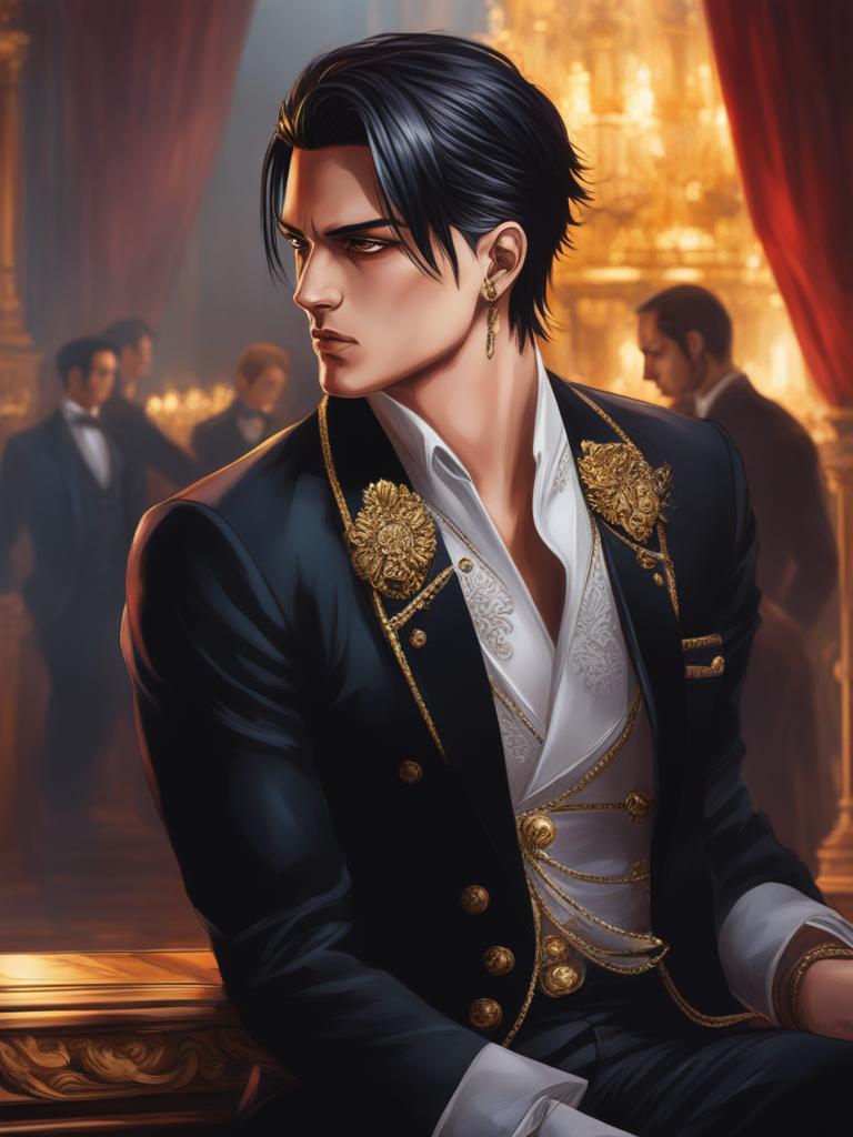 chrollo lucilfer,engaging in a thrilling heist of priceless artifacts,a lavish museum gala hyperrealistic, intricately detailed, color depth,splash art, concept art, mid shot, sharp focus, dramatic, 2/3 face angle, side light, colorful background