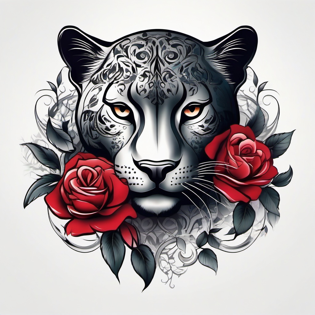 Rose Panther Tattoo-Elegant tattoo design featuring a panther surrounded by roses, creating a harmonious and symbolic composition.  simple color tattoo,white background