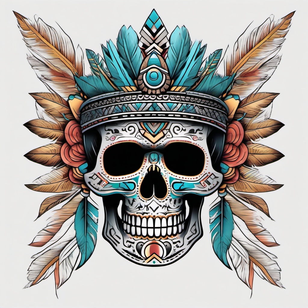 Aztec Tattoo Skull  minimal,color tattoo,white background