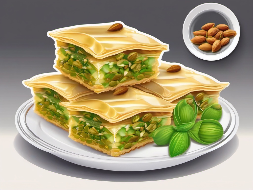 Pistachio Rosewater Baklava sticker- Layers of phyllo dough filled with a mixture of pistachios, honey, and rosewater. A sweet and fragrant Middle Eastern delicacy., , color sticker vector art