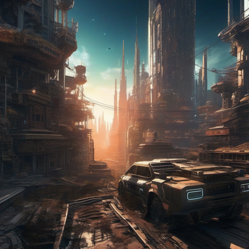 Post-Apocalyptic Space Cityscape with Futuristic Technology Space Anime Background intricate details, patterns, wallpaper photo