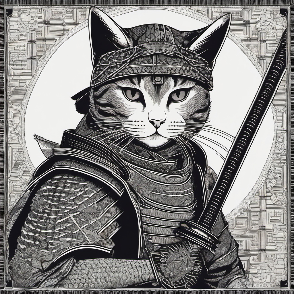 samurai cat blackwork style
