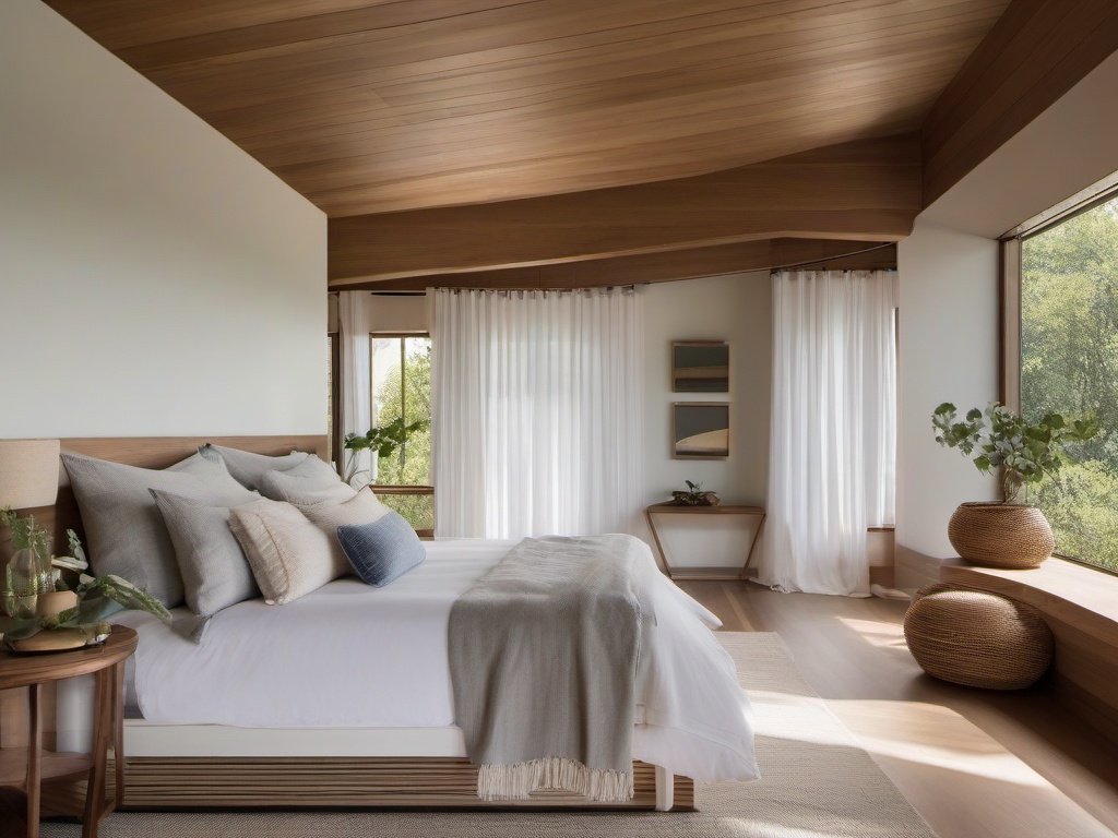 Biophilic interior design in the master bedroom highlights organic cotton linens, wooden furniture, and plenty of natural light, creating a peaceful and restorative environment for relaxation.  