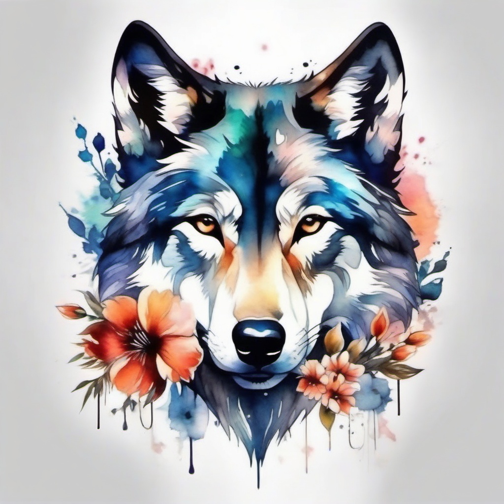 Wolf Flower Tattoo,captivating watercolor-style tattoo of a wolf, an artistic masterpiece. , tattoo design, white clean background