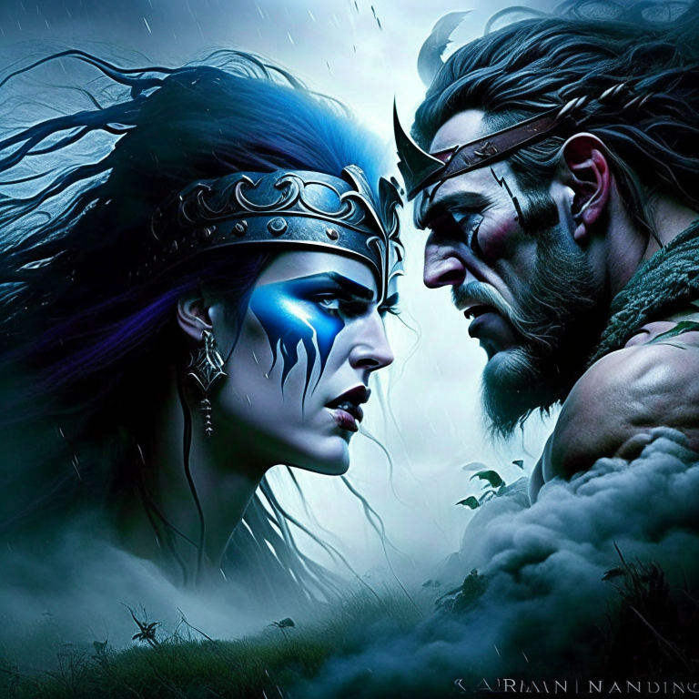 cu chulainn vs the banshee - a legendary irish hero faces the wailing banshee on a misty moor, resisting her mournful cries. 