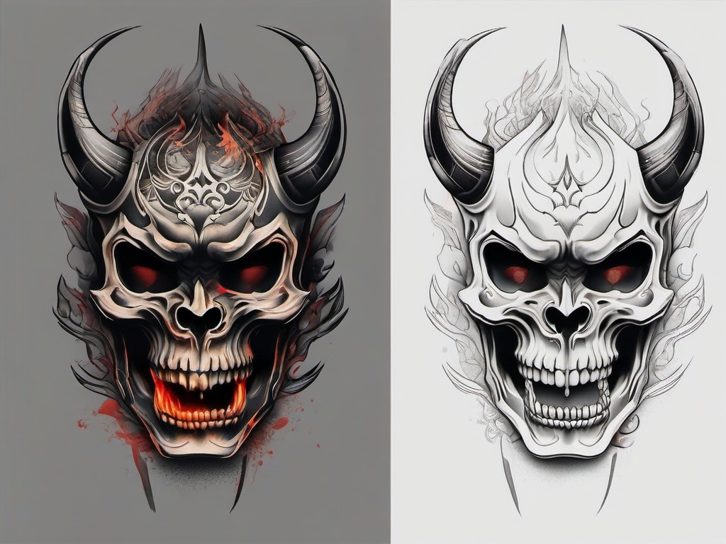 Hannya Mask and Skull Tattoo - Blends the expressive Hannya mask with a skull motif, creating a unique and powerful tattoo design.  simple color tattoo,white background,minimal