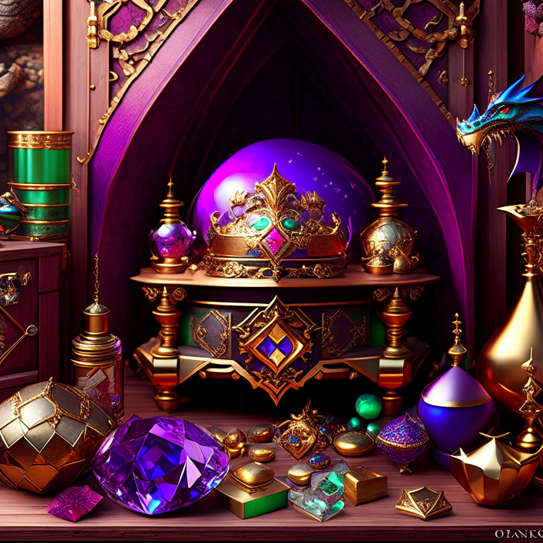 dragon's treasure room with piles of gold and gemstone accents. 