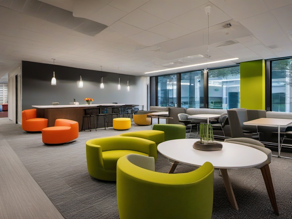 In the office break room, Bauhaus interior design includes simple furnishings, modern accents, and a bright atmosphere that encourages relaxation and socialization among employees.  